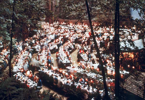 Highly secure executives gathering inside a private California forest representing the bohemian grove gateway to elite networks.