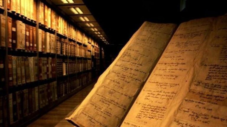 An archival study room containing classic historical documents and books detailing the origins of secret societies.