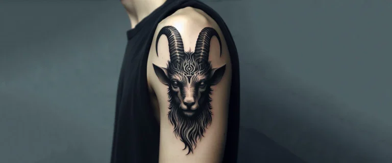 A professional geometric baphomet tattoo showcasing precise lines and ancient balance principles on a forearm.