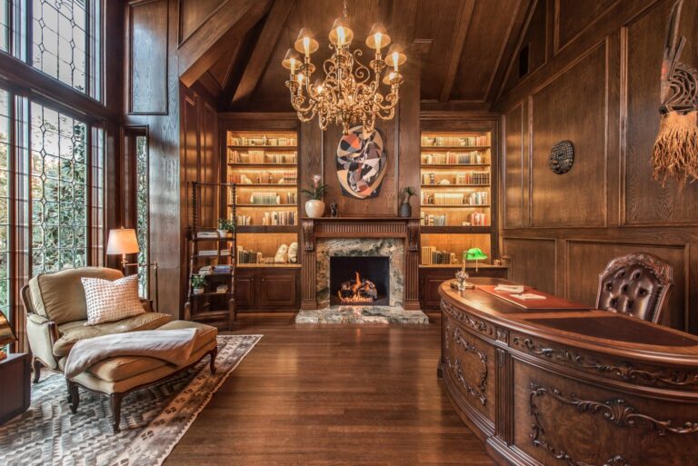 An elegant private study with leather chairs and classic architectural blueprints representing the thinning: new world order concept.