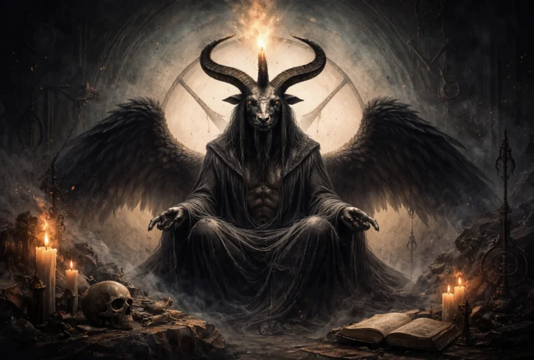 An elegant private study with leather chairs and classic architectural blueprints representing the true baphomet meaning.