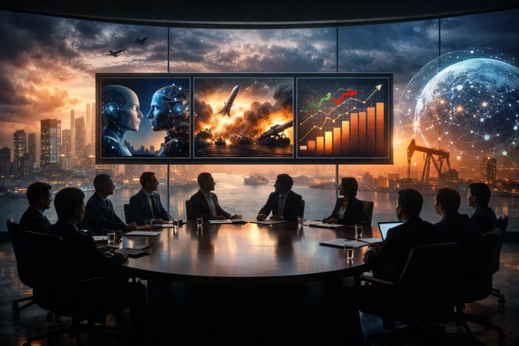 Successful business partners collaborating to secure generational wealth and absolute market protection as elite illuminati members.