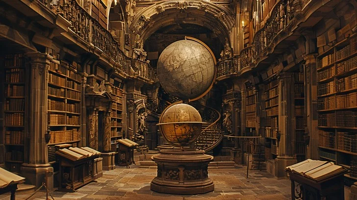 A prestigious grand library hosting professional innovators analyzing ancient principles to build modern wealth and status.