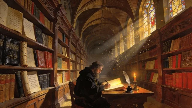 An ancient library showing scholars researching occult traditions to master economic principles and personal leadership.