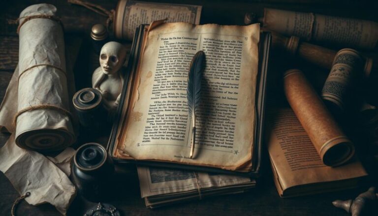 An ancient library setting with open manuscripts displaying historical geometry and masonic symbols.