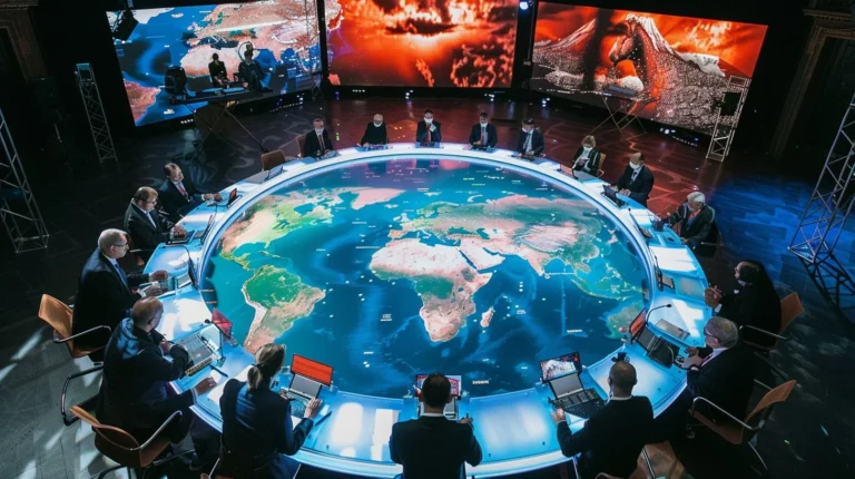 A premium professional conference setting displaying visionaries gathering to focus on strategic global alignment and wealth accumulation.
