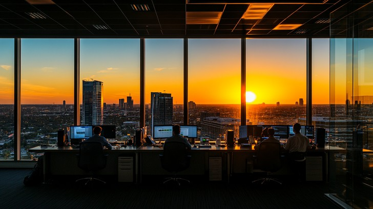 A successful entrepreneur looking over the city, demonstrating the transition from the seasonal bohemian grove model to permanent global elite positioning