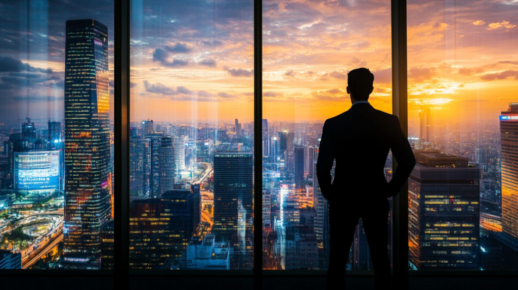 A successful entrepreneur looking over the city skyline, planning long-term asset expansion and security as one of our active illuminati members.