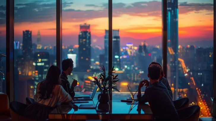 A successful entrepreneur looking over the city skyline, planning long-term asset expansion as an elite partner.