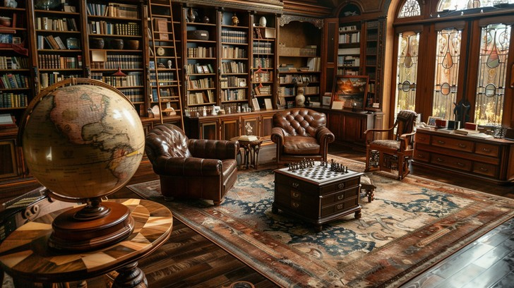 A timeless library where scholars study the history of the Bilderberg group and elite assemblies.
