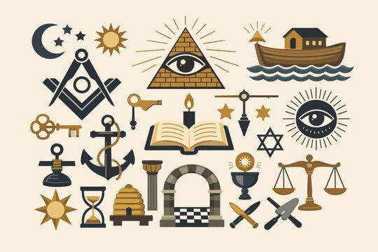 Classic masonic symbols and occult symbols representing geometry and disciplined planning used by historic secret societies.