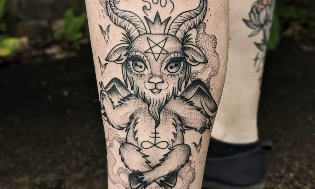 A professional geometric baphomet tattoo showcasing precise lines and ancient balance principles.