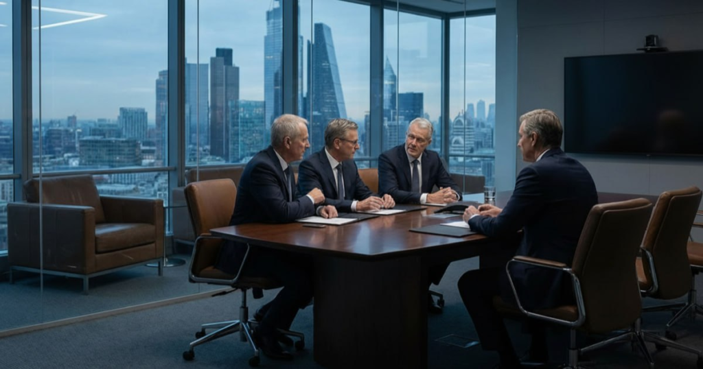 Accomplished business partners executing corporate agreements within a highly secure professional collective.