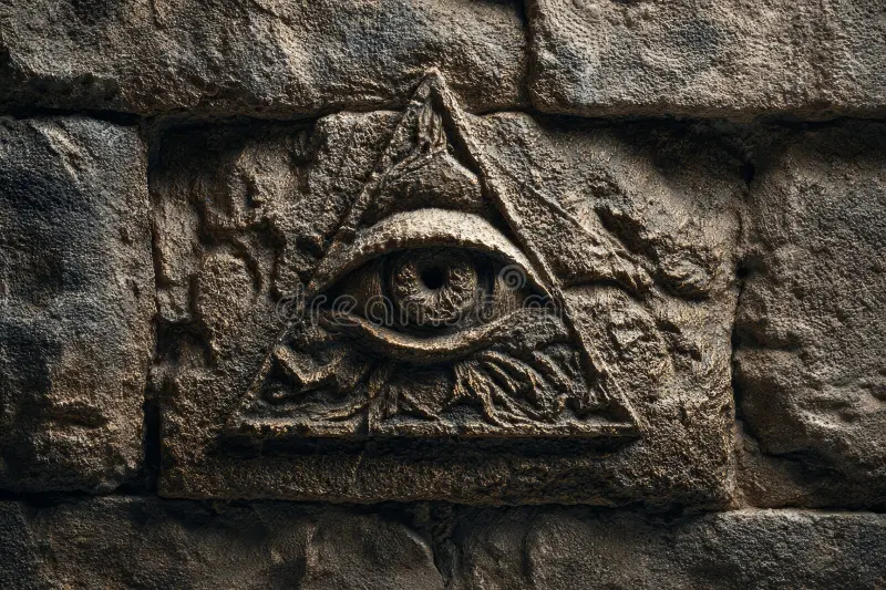 A classical stone relief representing the historical evolution of the all seeing eye in European architecture.