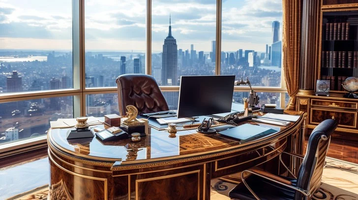 A premium office setting displaying an illuminati symbol paperweight to represent professional focus and strategic vision.