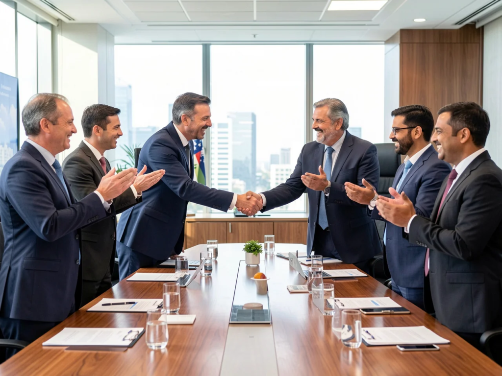 Accomplished business partners executing corporate agreements within a highly secure professional collective.