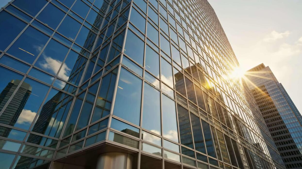 A modern corporate glass building representing the vigilance and vision of the global elite.