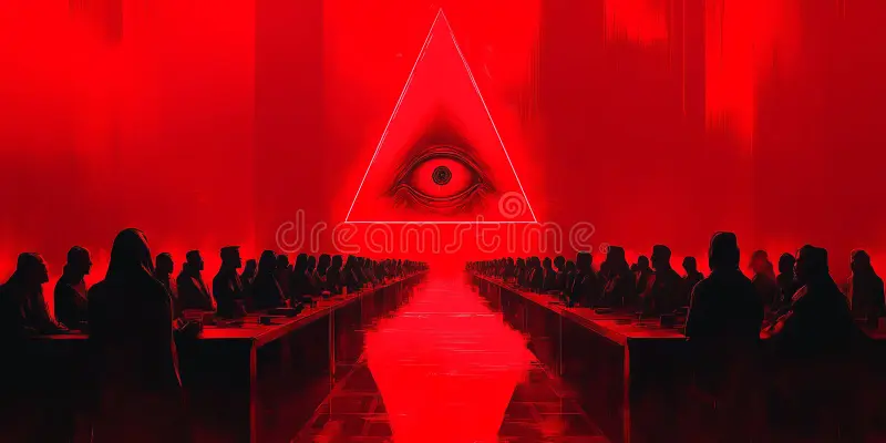 A secure executive boardroom displaying the classic illuminati symbol and strategic blueprints