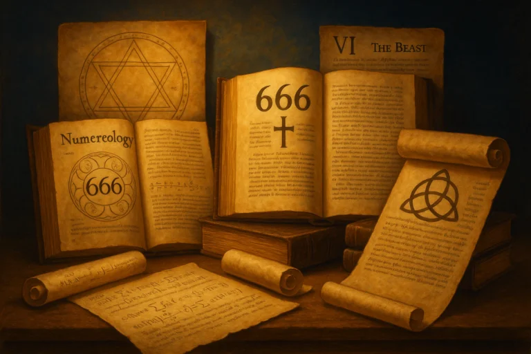 An ancient library study room displaying detailed drawings of numerical codes explaining the 666 spiritual meaning.