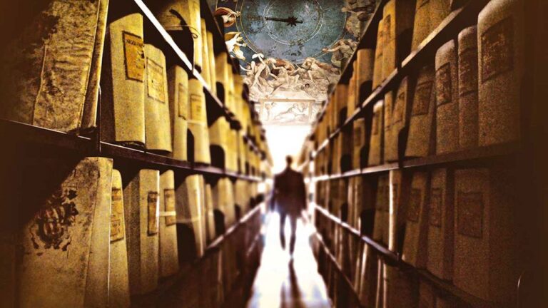An archival study room containing classic historical documents and books detailing the origins of secret societies.