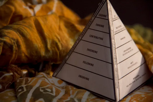 A professional display case holding artifacts from the pyramid collection representing historical leadership and strategic planning.